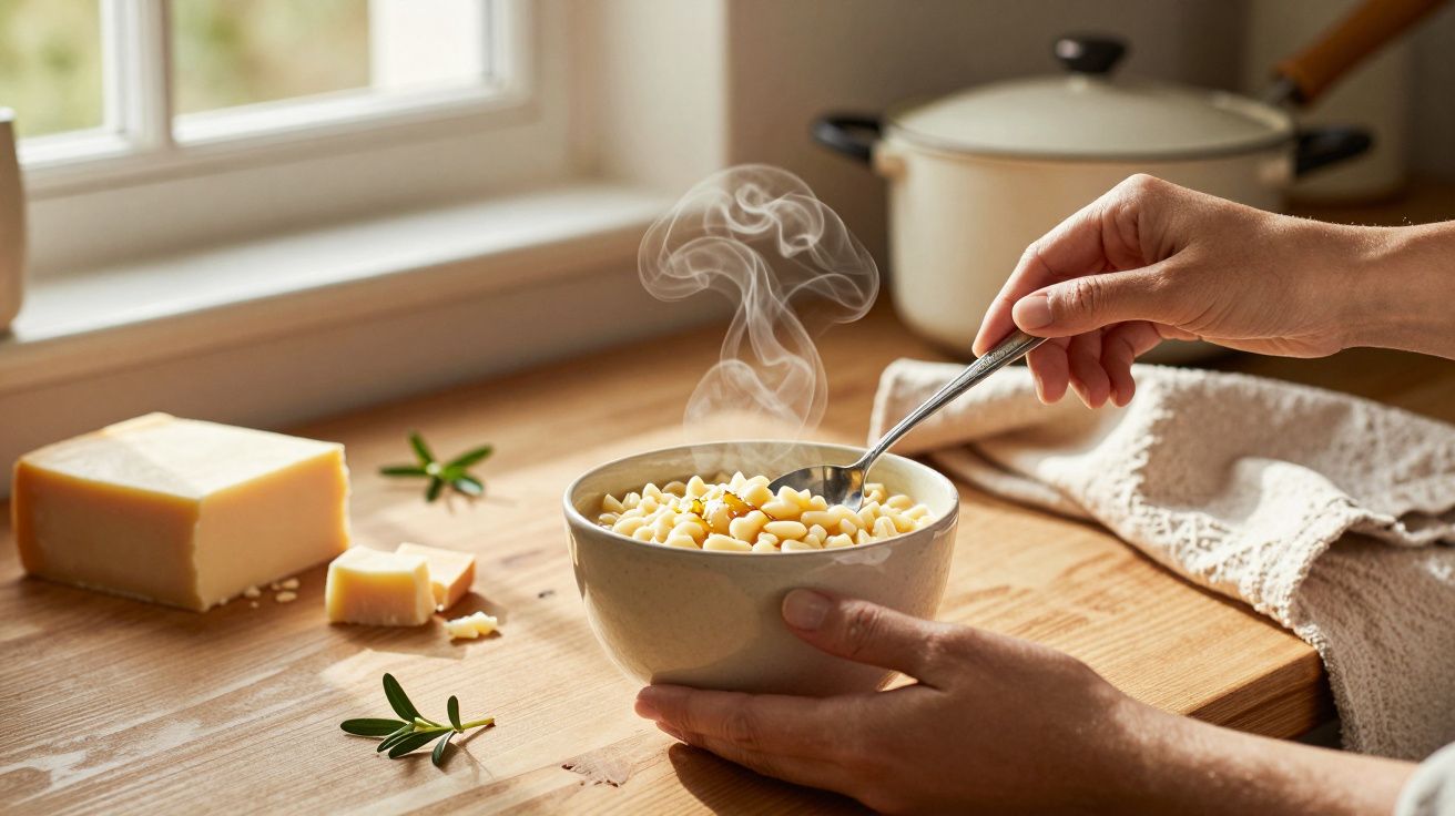 Mão segurando uma tigela de sopa quente com vapor, queijo e alecrim ao lado, numa cozinha iluminada.