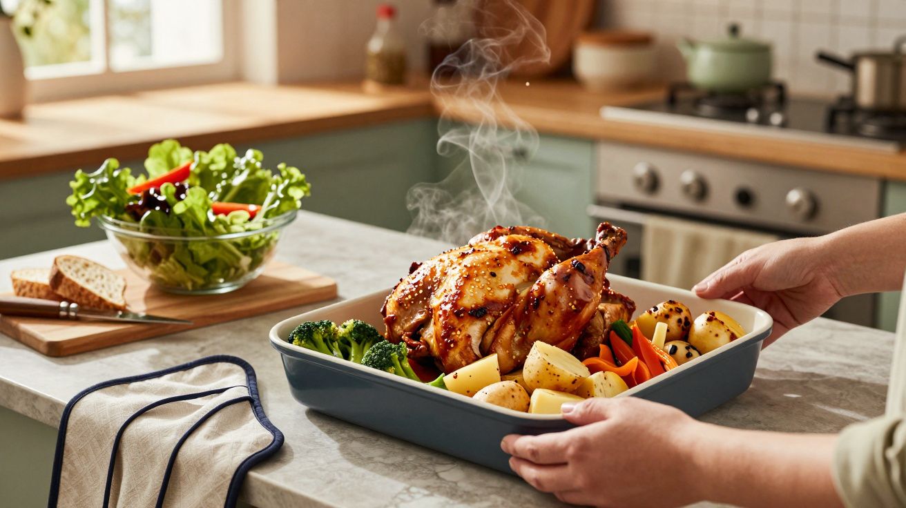 Pessoa segura tabuleiro com frango assado e legumes na cozinha; salada e pão ao fundo.