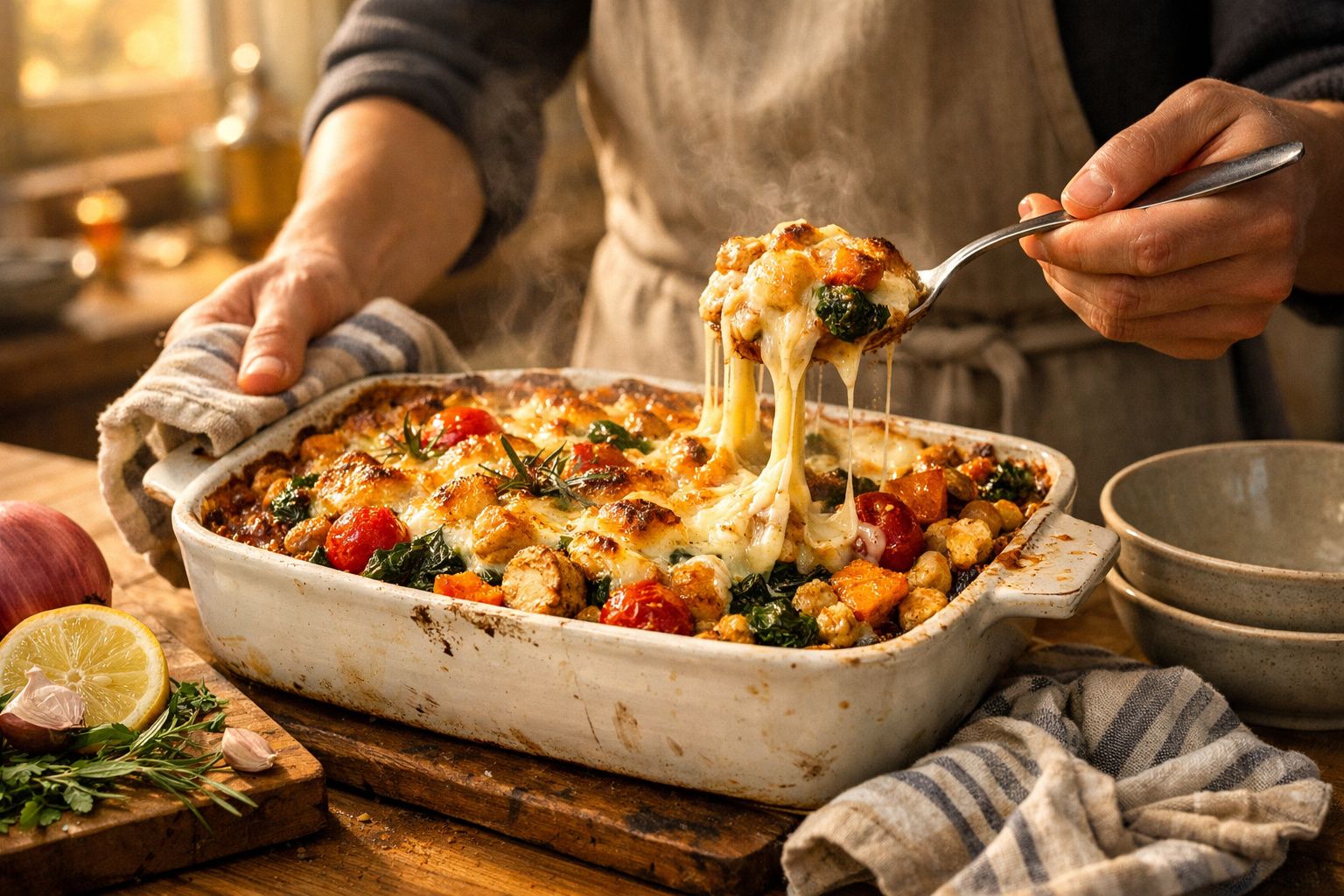 Mãos servem molho cremoso sobre vegetais assados num tabuleiro, com pão ao lado numa mesa de madeira.