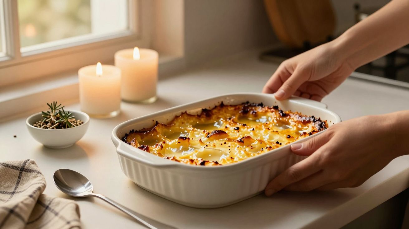Mãos seguram travessa de empadão dourado. Ao fundo, velas acesas e utensílios sobre a mesa.