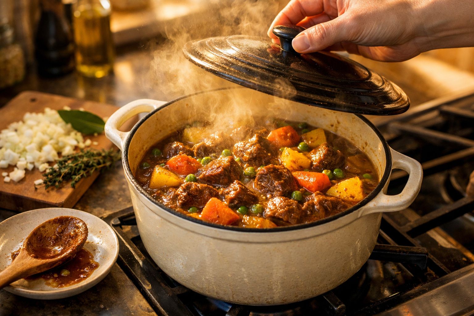 Tacho com guisado de carne e legumes a ser servido. Ao lado, prato com cebola, alho e pimenta.