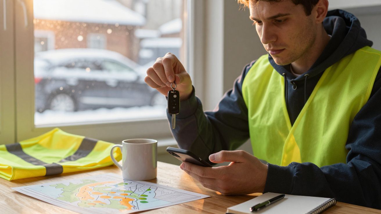 Homem com colete refletor segura chave, usa smartphone, junto a chávena, papel e colete num ambiente interno iluminado.