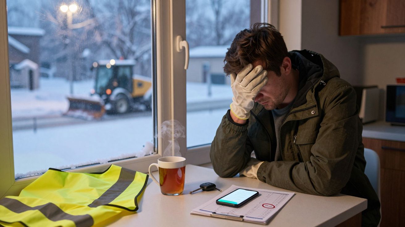 Homem sentado à mesa, de luvas, com a mão na testa, olhando para um telemóvel; neve e trator ao fundo.