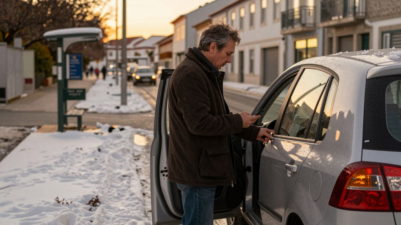 Homem junto a um carro estacionado numa calçada nevada, segurando um telemóvel, ao entardecer numa rua com casas.