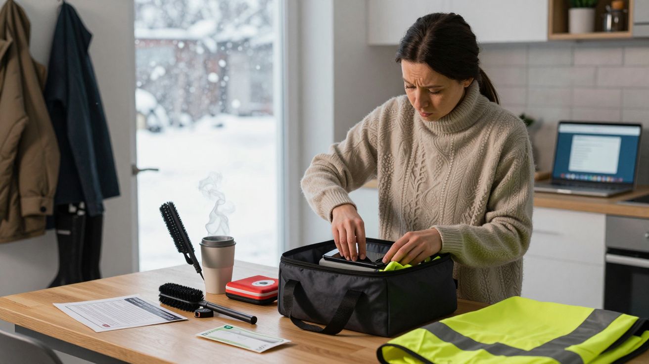 Mulher a organizar uma bolsa preta numa cozinha, com itens de viagem e roupas, enquanto neva lá fora.