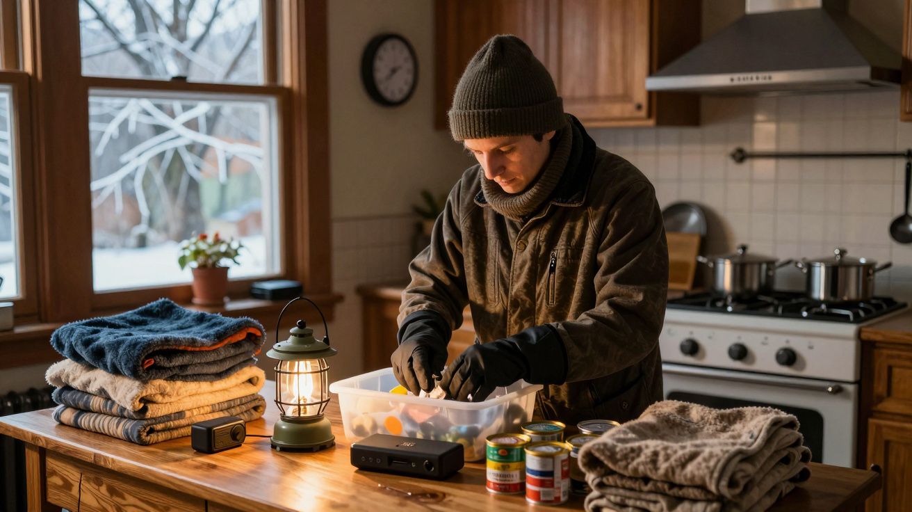 Homem de casaco e gorro organiza itens numa cozinha aconchegante, com cobertores e lâmpada sobre a mesa de madeira.