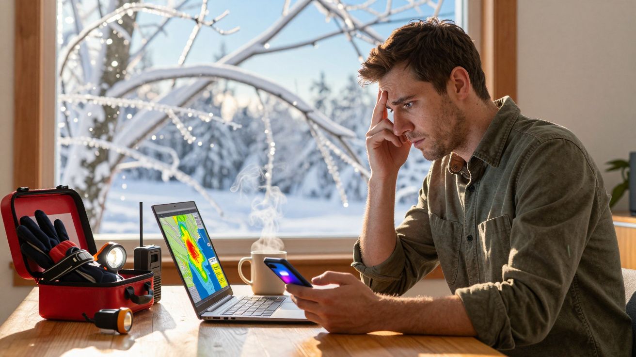 Homem sentado à mesa, segurando telemóvel e olhando para o portátil, com vista de neve pela janela.