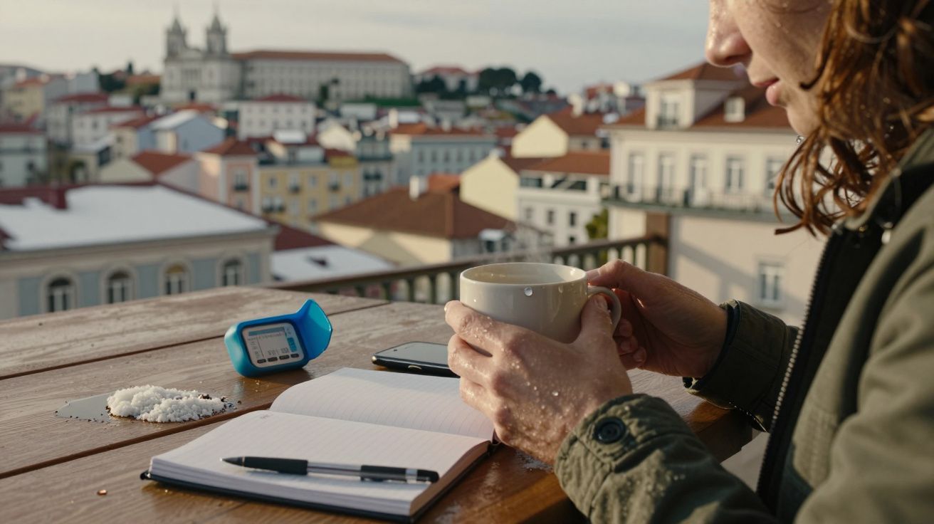 Pessoa segura caneca de café em varanda com vista urbana, ao lado de caderno, caneta e medidor azul sobre mesa.