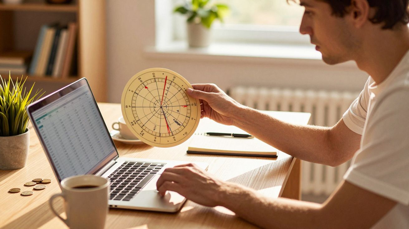 Homem analisa gráfico astrológico em mesa com portátil, chávena e planta ao fundo, num ambiente iluminado pelo sol.