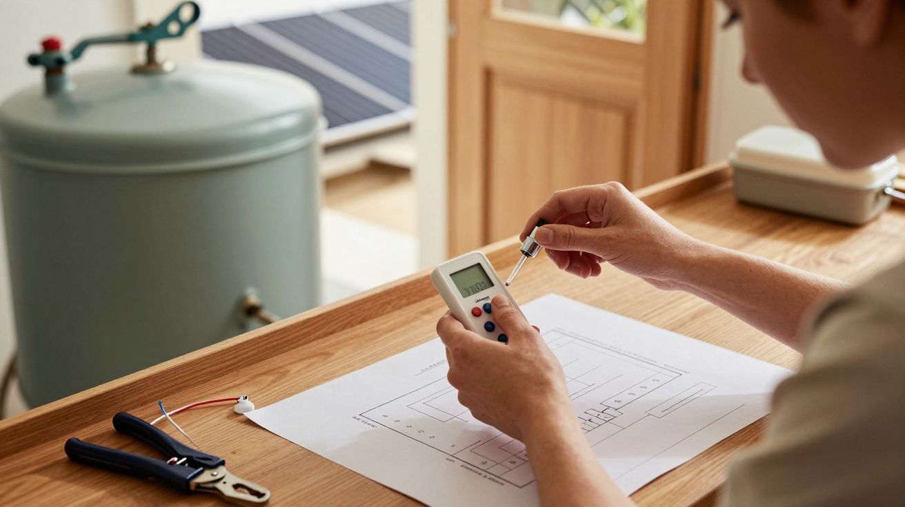 Pessoa a medir voltagem com multímetro sobre mesa, junto a esquema elétrico e ferramentas.