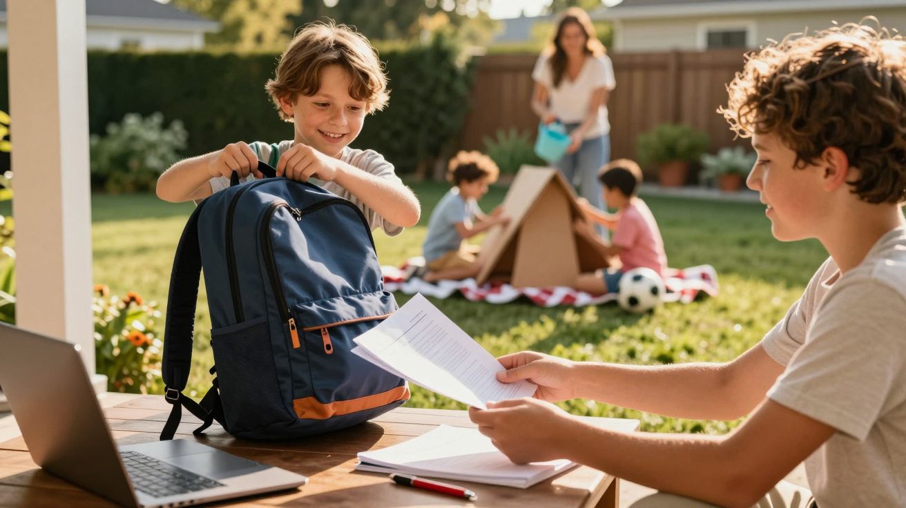 Crianças brincam no jardim. Um rapaz segura uma mochila, outro lê um papel. Ao fundo, duas crianças e um adulto.