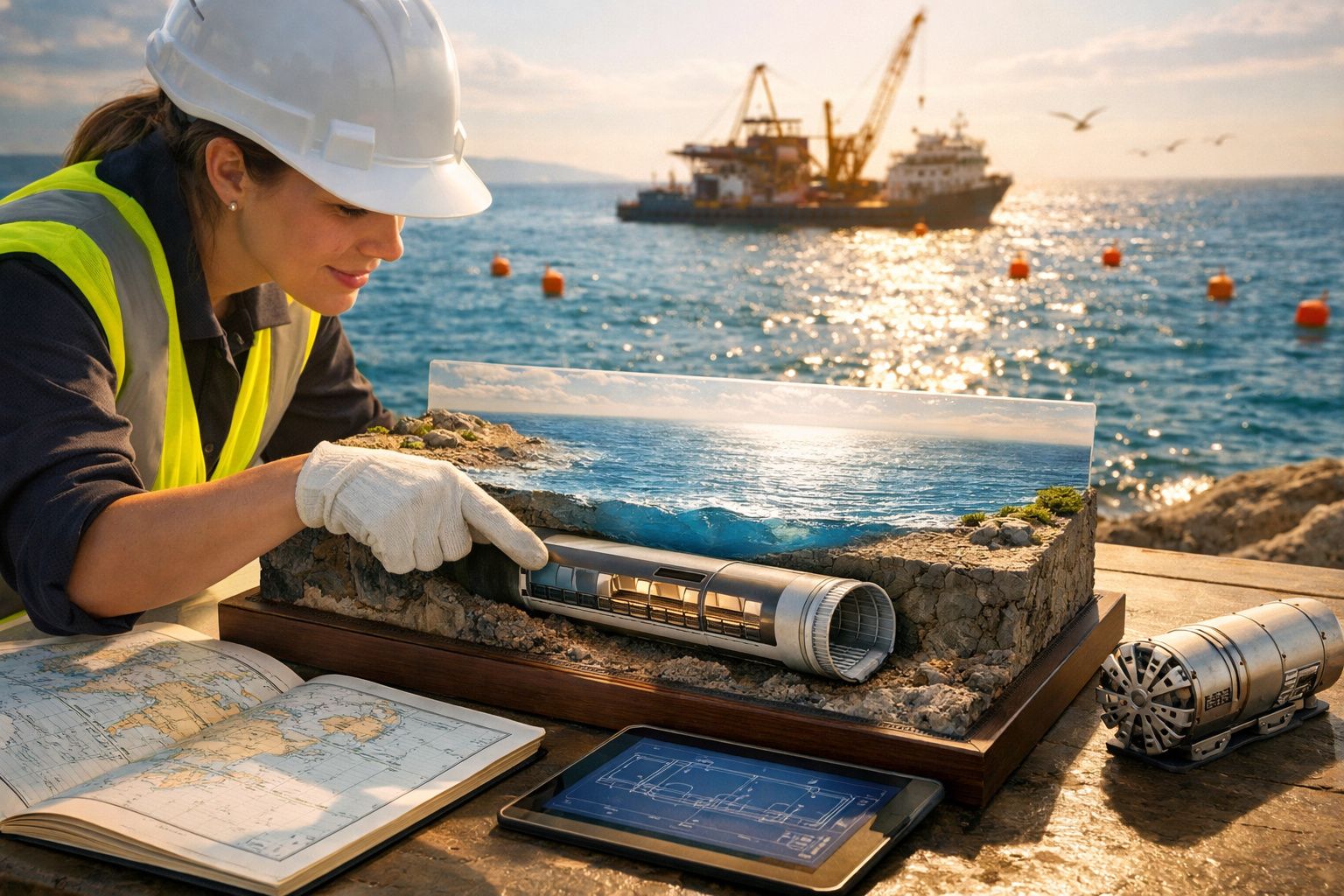 Trabalhador num porto com tablet, observando guindaste a mover equipamento, navio ao fundo, céu ensolarado.