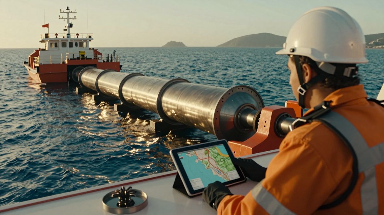 Homem de capacete e colete observa barcaça com tubo, usando tablet, em mar calmo ao pôr do sol.