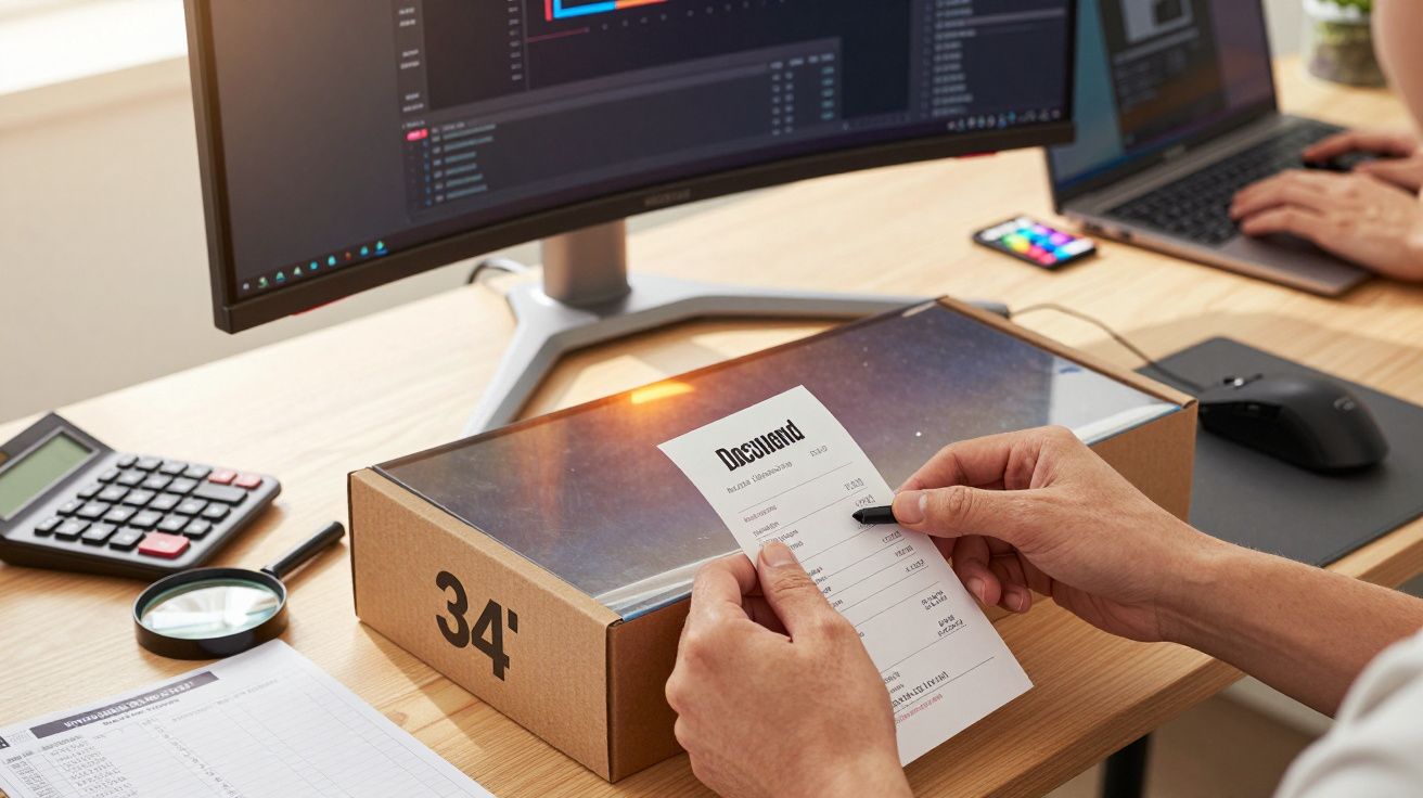 Pessoa segura documentos sobre uma caixa em secretária com computador, calculadora e lupa.