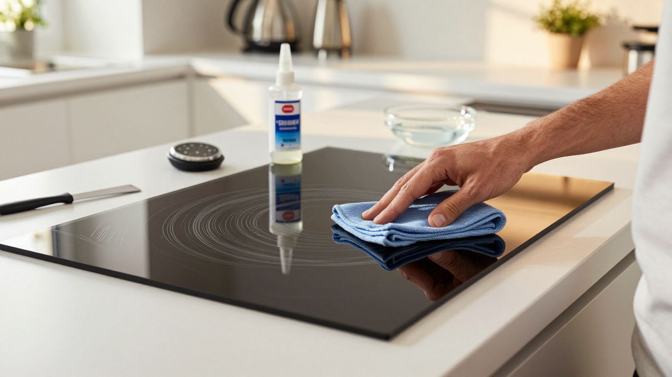 Mão limpando placa vitrocerâmica preta numa cozinha moderna com pano azul e produto de limpeza.