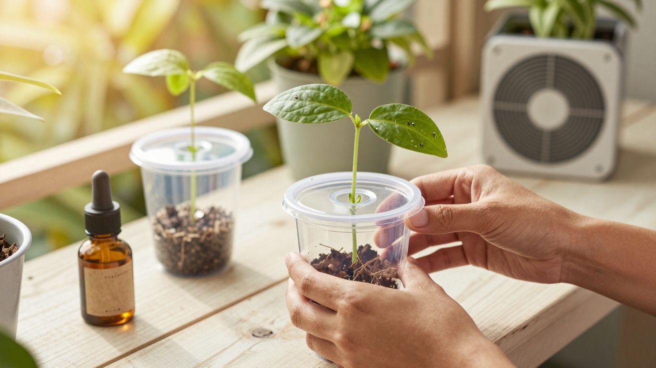 Mãos seguram copo transparente com muda; plantas e gota em frasco ao fundo.
