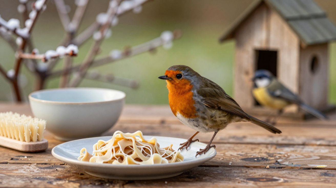 Pisco-de-peito-ruivo pousado num prato de massa, com uma casa de pássaros ao fundo.