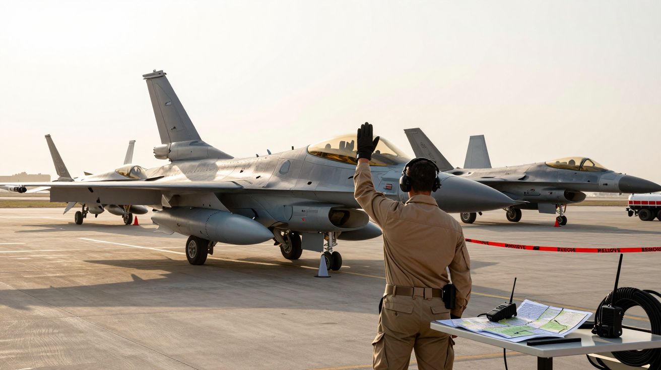 Oficiais guiam aviões de caça na pista de decolagem sob céu claro.