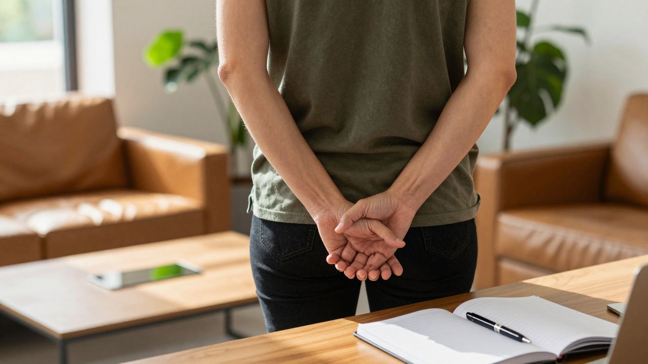 Pessoa de pé num escritório com as mãos atrás das costas, ao lado de uma mesa com caderno e caneta.
