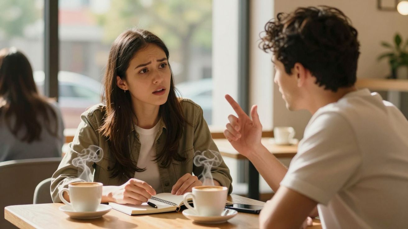 Mulher e homem discutem em café com chávenas de café à frente.
