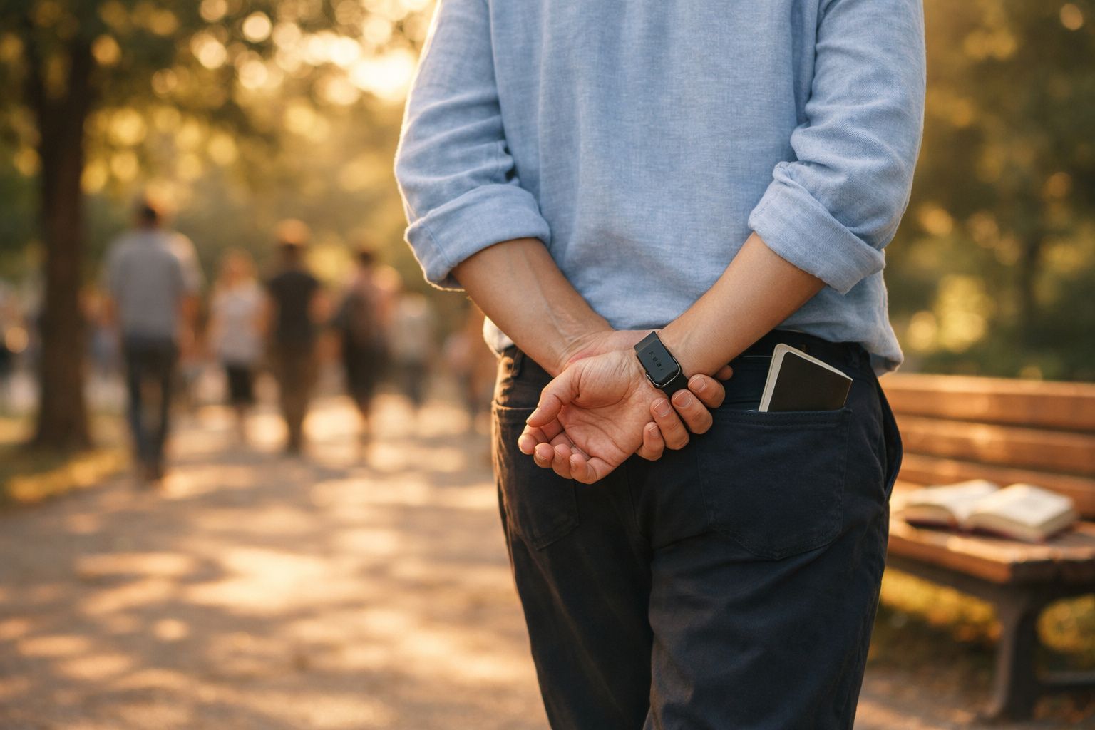 Mulher de camiseta cinza em pé num parque com quatro pessoas sentadas num banco ao fundo.