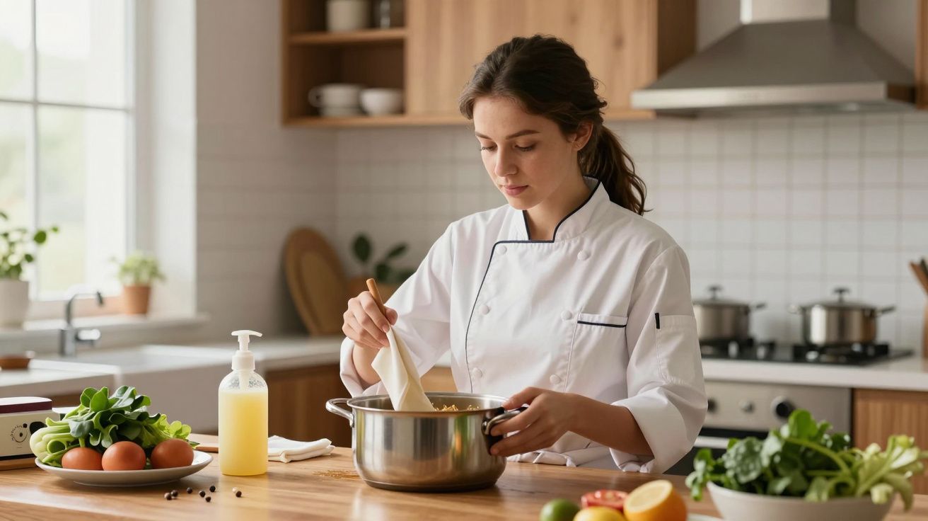 Mulher com uniforme de chef cozinha numa cozinha moderna, mexendo ingredientes numa panela.