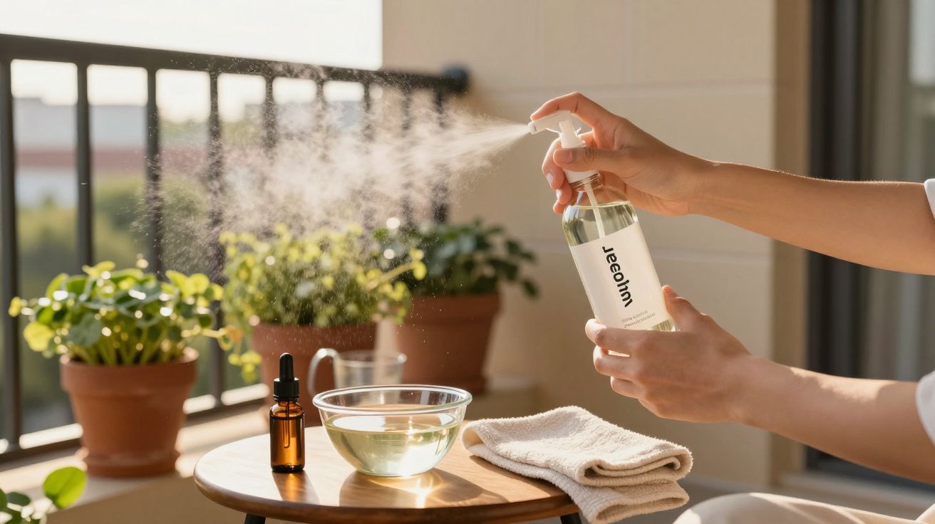 Pessoa borrifa líquido em plantas no terraço, com toalha, tigela e frasco em cima de mesa.