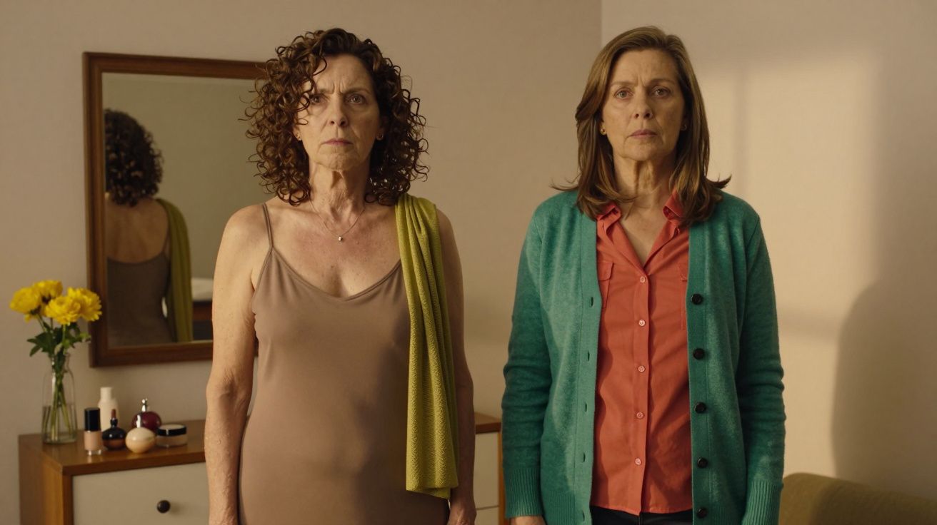 Duas mulheres de pé numa sala, uma usa vestido bege e outra camisa vermelha com casaco verde.