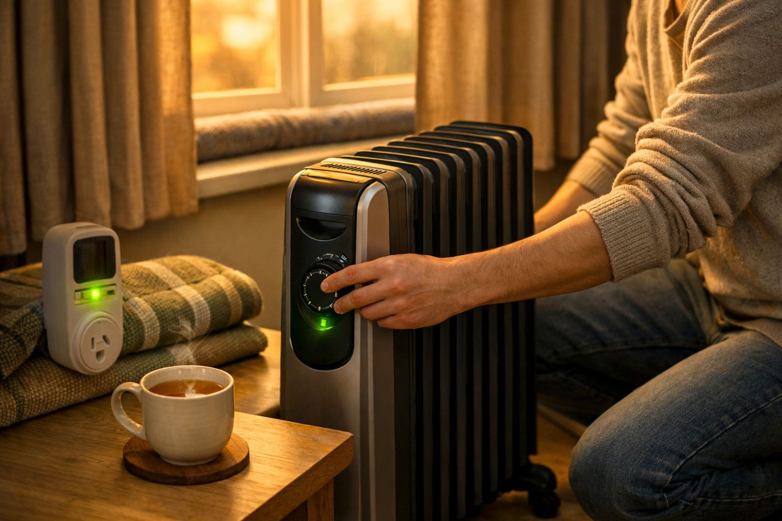 Homem sentado junto a um medidor de gases, ajustando aparelho enquanto consulta um caderno, próximo de um radiador.