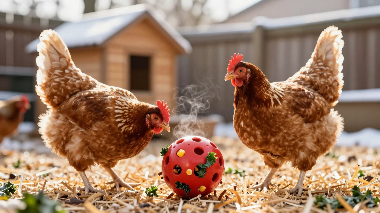 Duas galinhas junto a um brinquedo vermelho no jardim, com galinheiro em segundo plano em dia ensolarado de inverno.