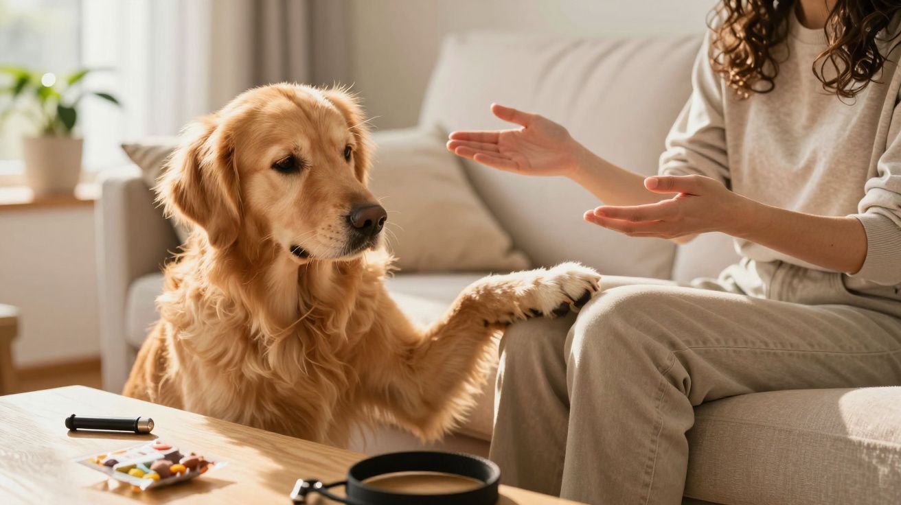 Cão golden retriever dá a pata a uma pessoa sentada no sofá, numa sala iluminada pelo sol.