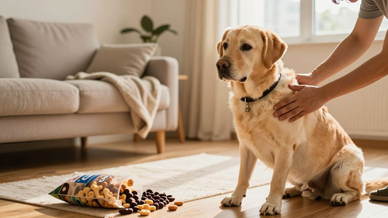 Cão de pelo dourado sentado num tapete ao lado de guloseimas caídas e uma pessoa a acariciá-lo.