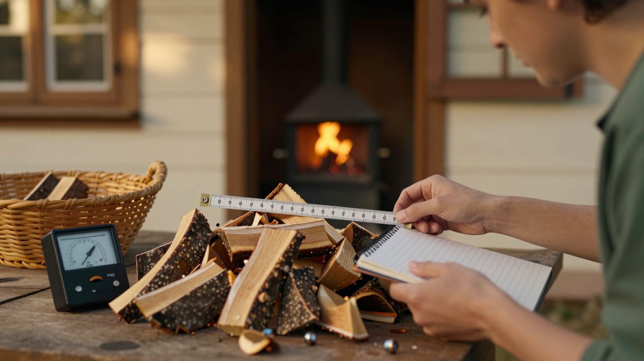 Pessoa mede lenha com fita métrica perto de forno a lenha aceso e anota em caderno.