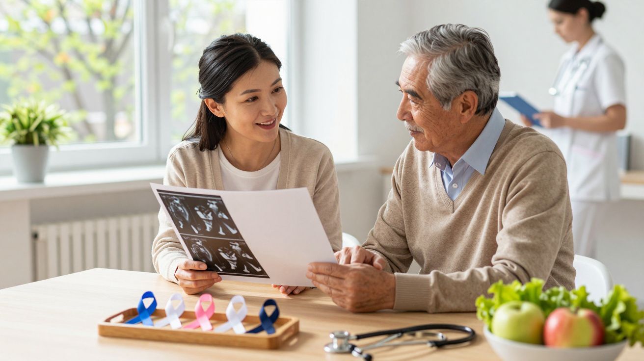 Mulher e idoso analisam exames numa clínica; bandejas com fitas de prevenção e frutas ao fundo.