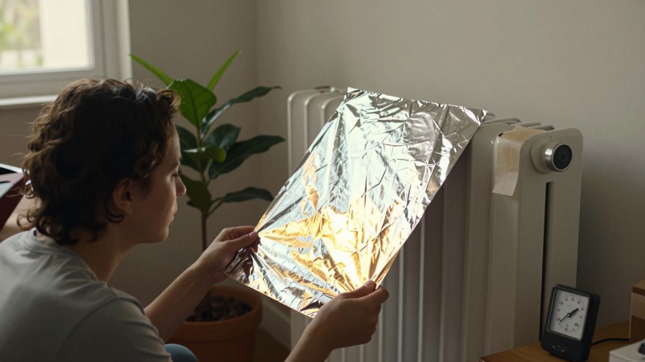 Pessoa coloca folha de alumínio atrás de um aquecedor. Ao fundo, planta e relógio numa mesa.