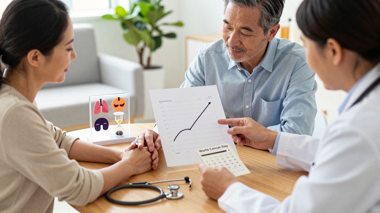 Três pessoas discutem um gráfico médico. Doutor aponta para dados de saúde com um estetoscópio sobre a mesa.