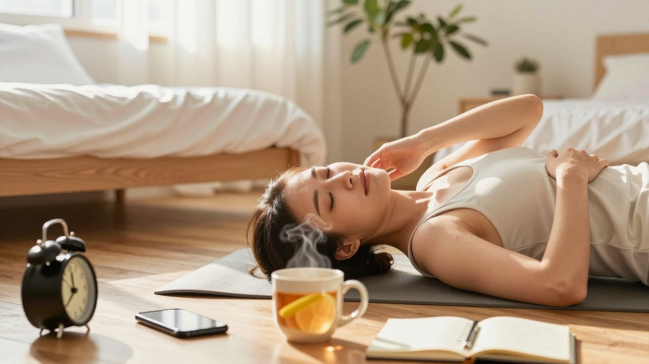Mulher relaxa deitada no tapete com chá, despertador e caderno ao lado, em quarto iluminado pelo sol.
