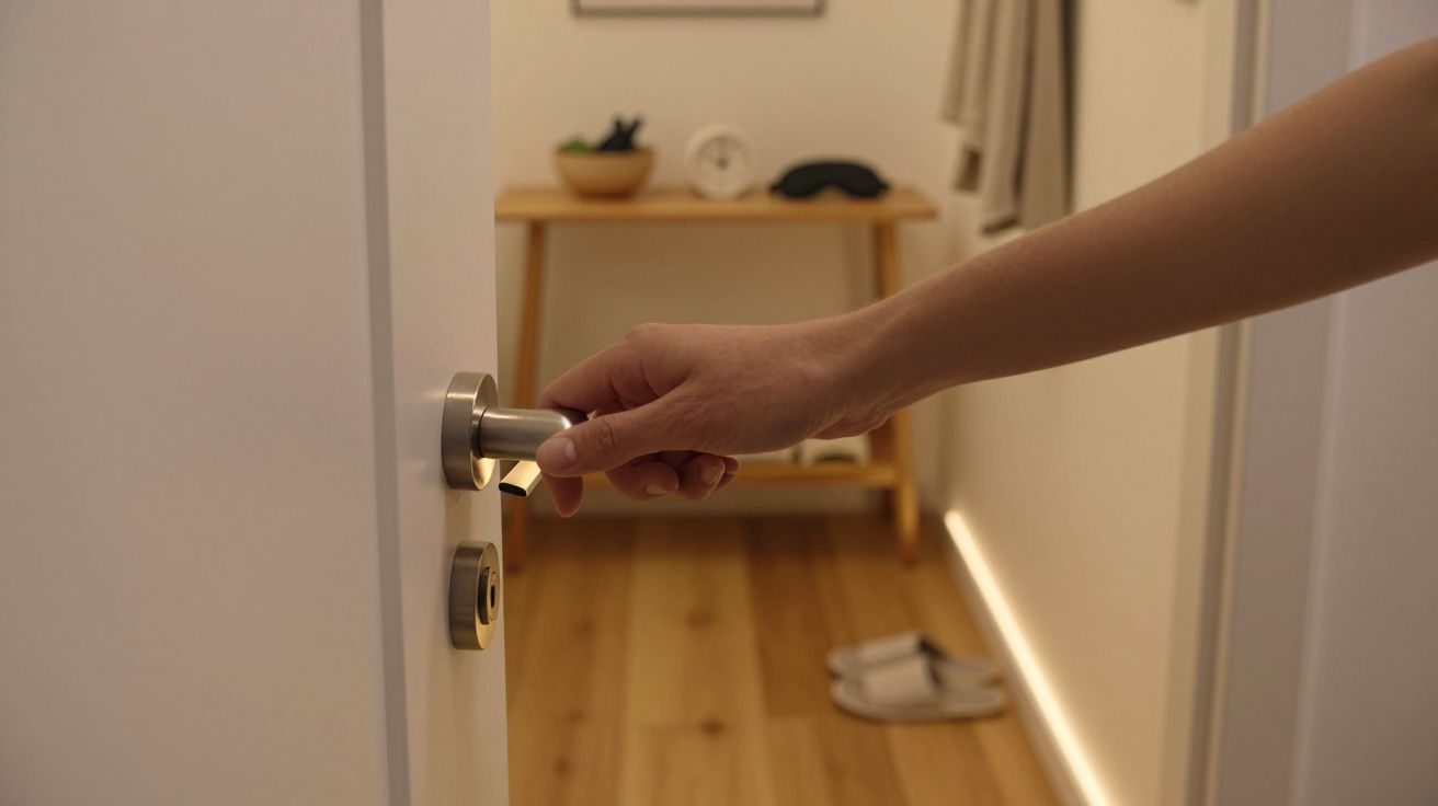 Mão a abrir uma porta branca, revelando uma entrada com chão de madeira e uma mesa ao fundo.