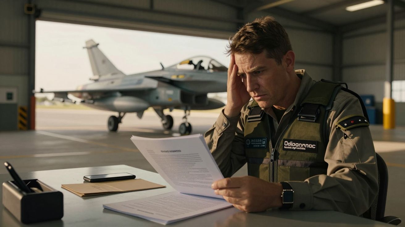 Piloto de caça lê documentos com um jato ao fundo num hangar.