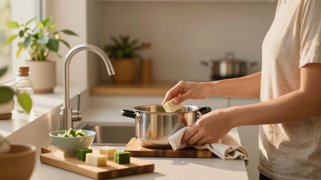 Pessoa cozinha com legumes e caldo numa panela de inox numa cozinha iluminada, com plantas ao fundo.