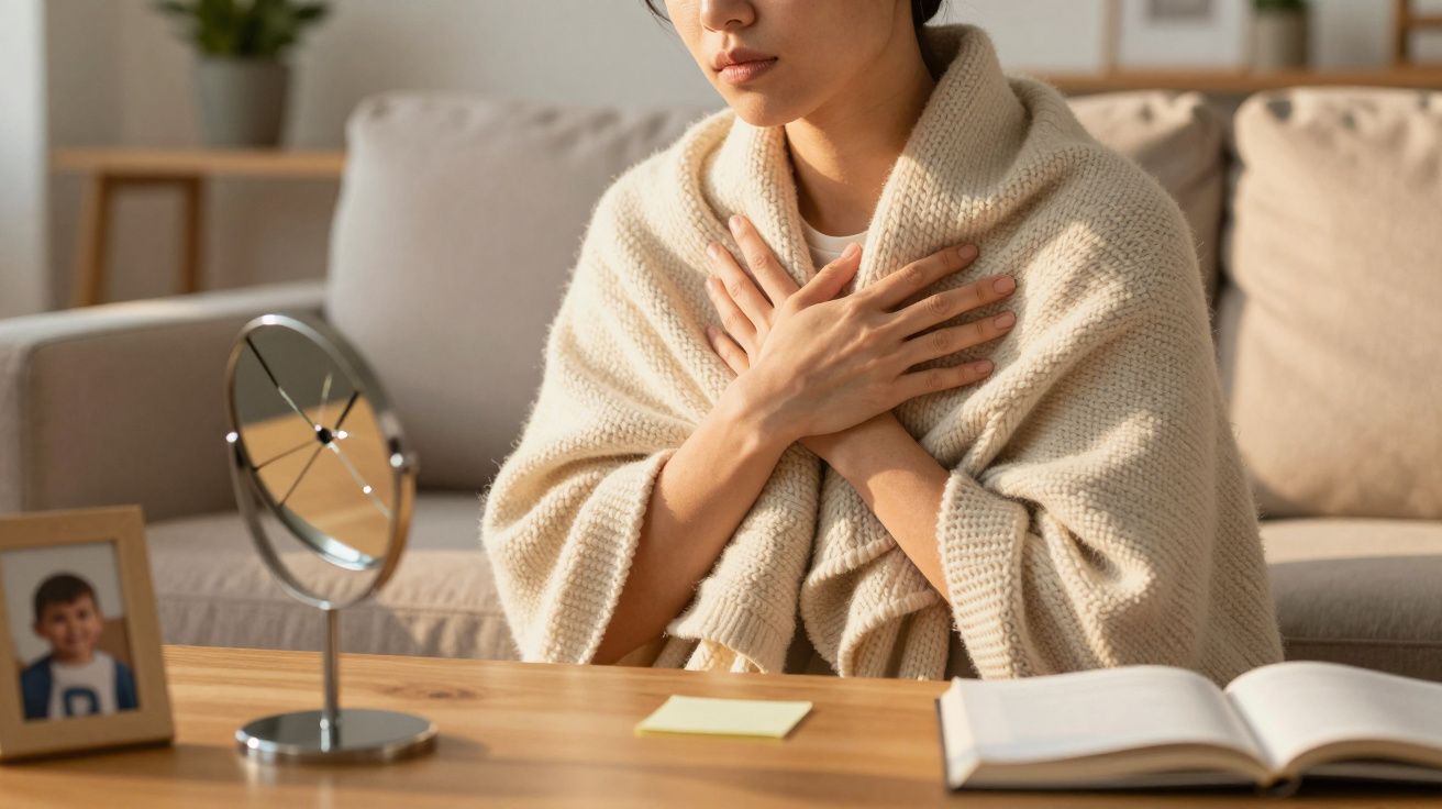Mulher com cobertor cruza as mãos no peito, sentada à mesa com espelho, foto de criança e caderno aberto.