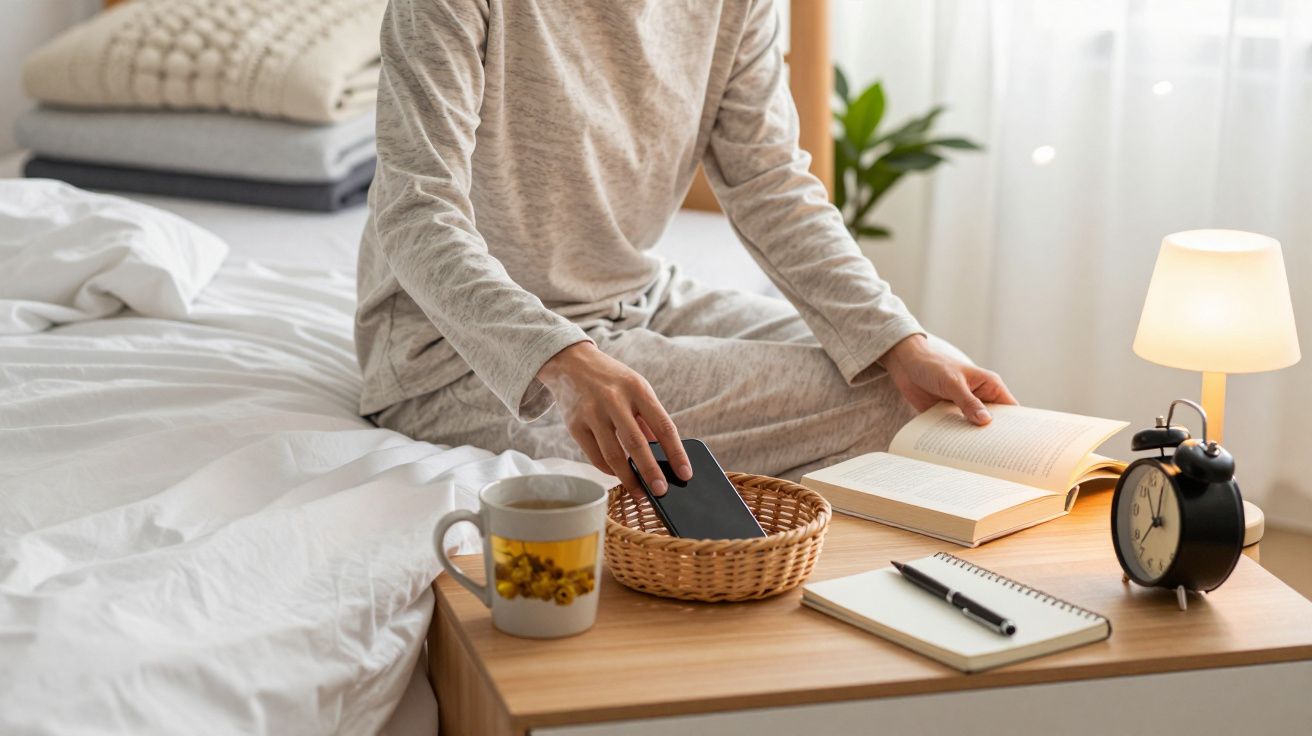 Pessoa em pijama sentada na cama, coloca telemóvel num cesto ao lado de uma chávena, livro aberto e despertador.