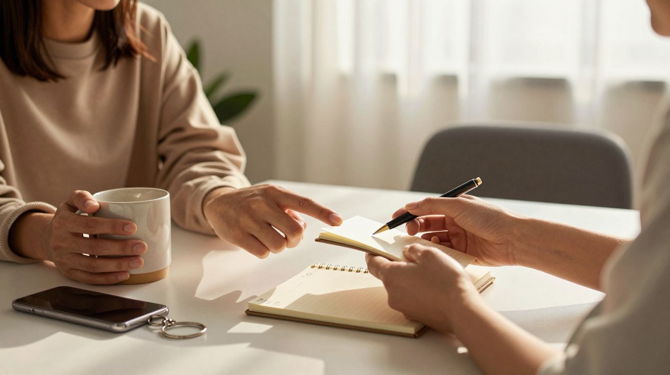 Duas pessoas discutindo documentos numa mesa, uma segurando uma caneca, a outra apontando para um bloco de notas.