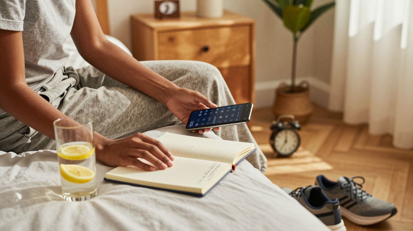 Pessoa sentada na cama com telemóvel, caderno e copo de água com limão. Relógio e ténis visíveis no chão.
