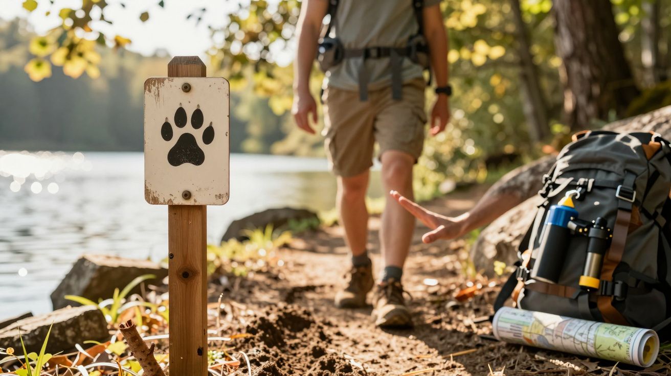 Trilho de caminhada à beira de um lago, sinal com pegada de animal e mochila com mapas ao lado de um caminhante.