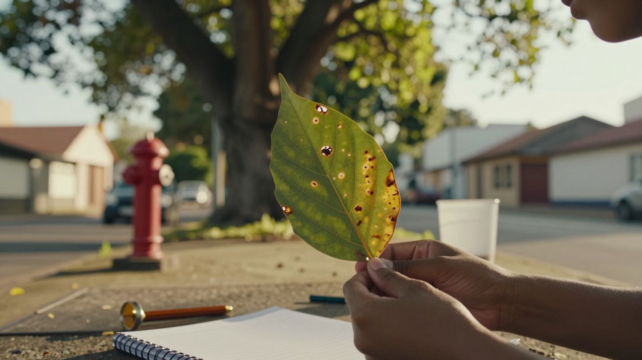 Mãos segurando uma folha perfurada com um caderno e lápis ao fundo, numa rua arborizada.