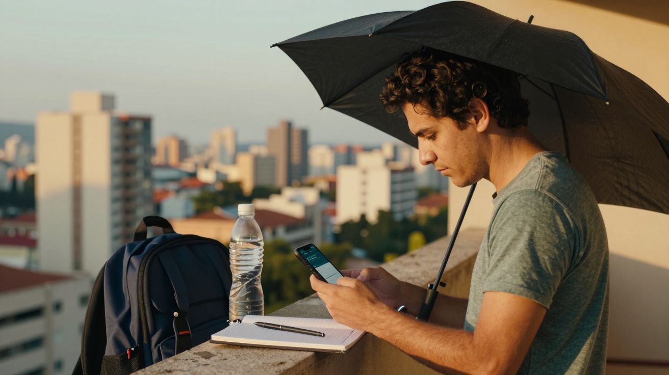 Homem com guarda-chuva consulta telemóvel em varanda, mochila e garrafa ao lado, cidade ao fundo.