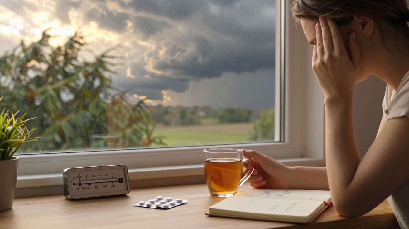 Mulher pensativa com chá, ao lado de janela, observando tempestade. Mesa com telemóvel, comprimidos e caderno.