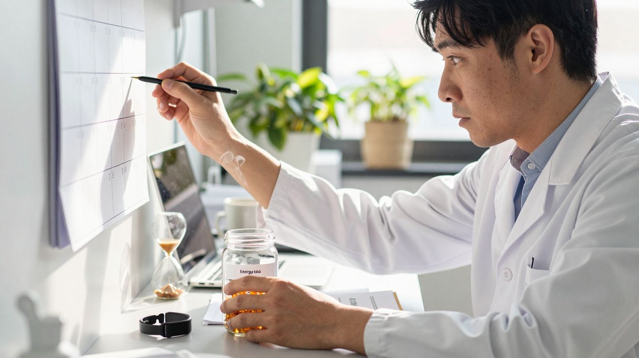 Cientista de bata branca escreve no calendário enquanto segura um frasco.