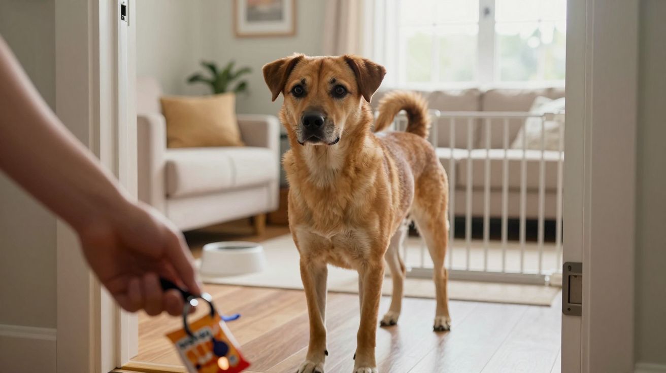 Cão castanho de pé numa sala, olhando para uma pessoa que segura uma trela e um brinquedo.